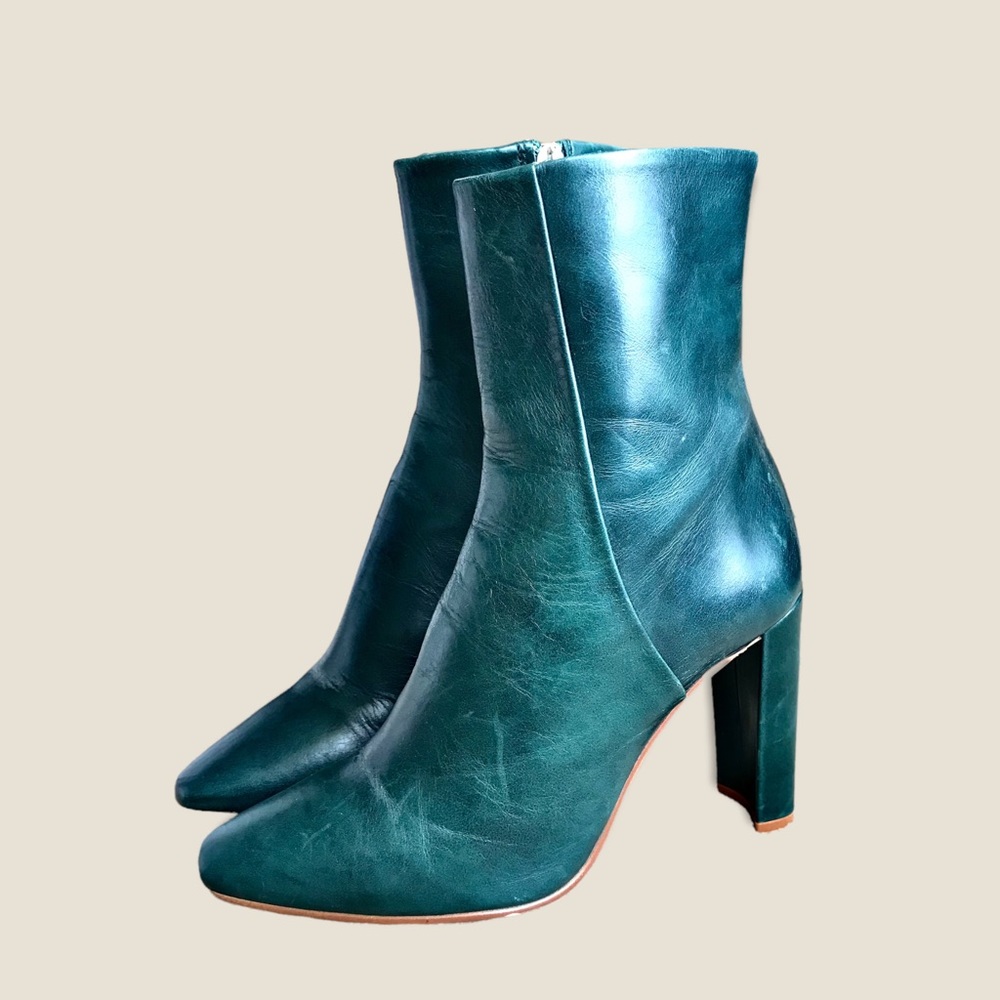 Zara Dark Green Genuine Leather Heeled Retro Minimalist Modern Cute Ankle Bootie - Picture 10 of 16